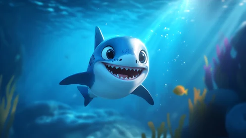 Cartoon baby shark rendered in high-gloss stylized 3D lighting