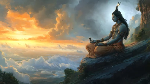 Serene mountain meditation gazes gently across glowing clouds