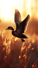 Wild goose landing in golden-hour backlit marsh habitat