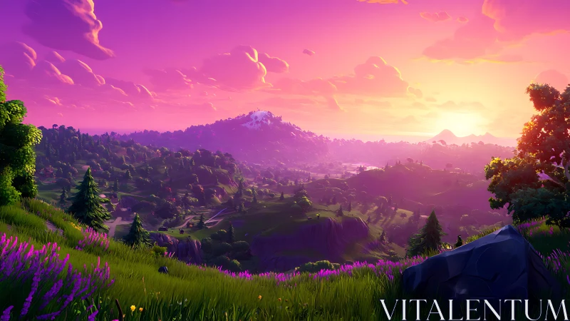 Vibrant stylized valley glows under intense magenta sunset