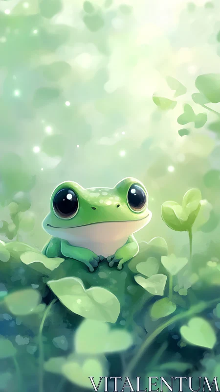 Green frog sits among foliage in softly lit environment