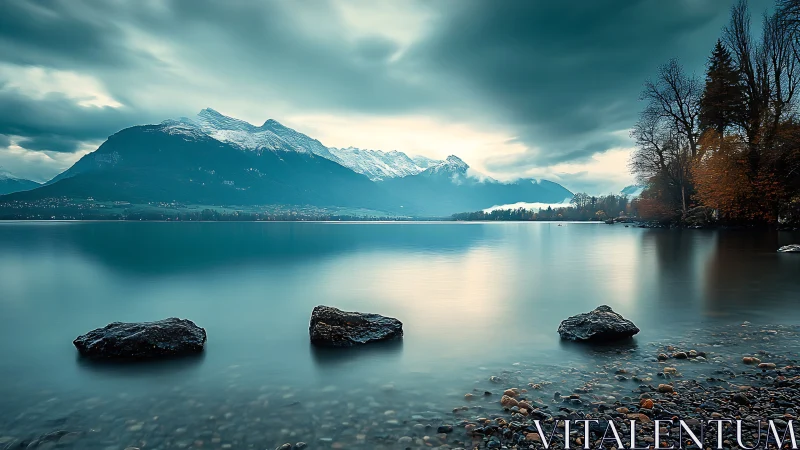 Gentle mountain lake at dusk with calm water and soft light.