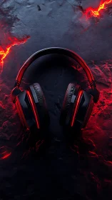 Red and black over-ear headphones positioned on textured dark surface.