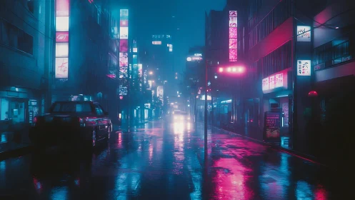 Neon lit urban street in heavy rain with reflective roadway.