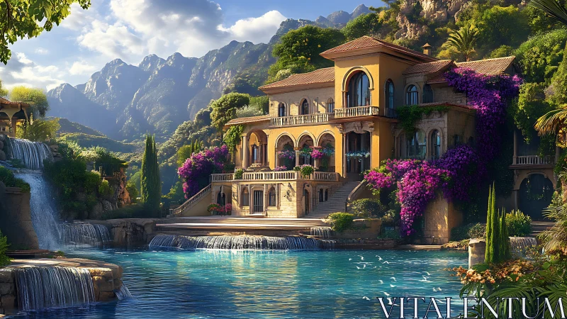 Lakeside villa basks in sunlight beside cascading waterfalls