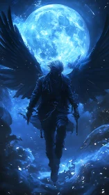 Winged humanoid silhouette before large blue full moon.