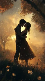 Silhouetted Romantic Embrace Within Luminescent Autumnal Forest.