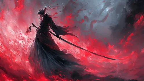 Lone dark swordsman stands within a roaring storm of crimson fire