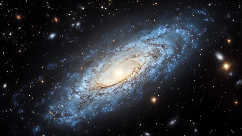 Glowing spiral galaxy wrapped in stardust and gentle blue light.