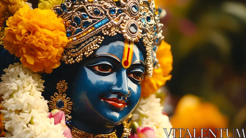 Radiant blue deity statue glows amid marigolds and jewels
