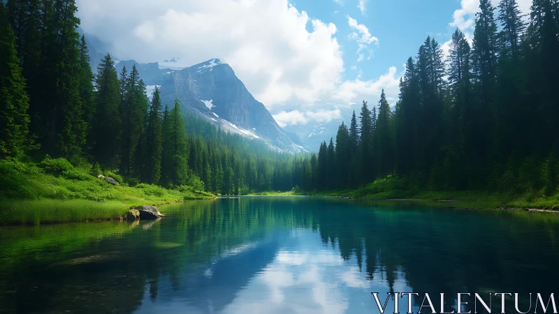 Quiet mountain lake rests between deep forest and bright sky
