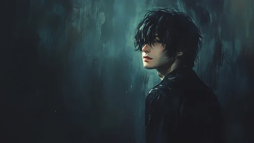 Melancholic youth in rain-soaked teal nocturne portrait.