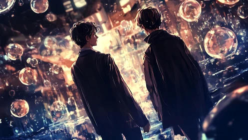 Bokeh-saturated nocturne with dual figures in reflective corridor.