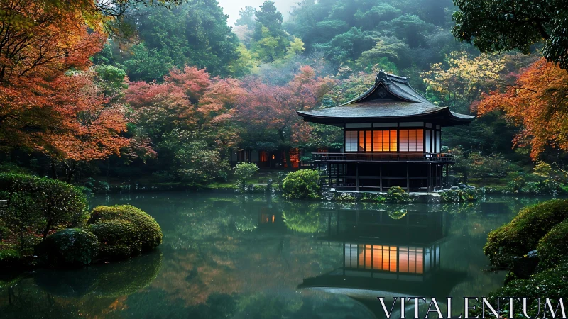 Japanese lakeside pavilion reflects on still water at dusk