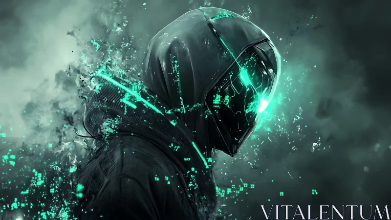Cyberpunk hooded figure dissolves into neon data storm