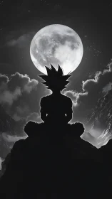 Lone spiky‑haired warrior sits beneath a radiant full moon.