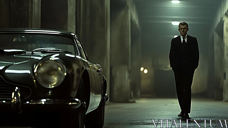 Cinematic corridor rendezvous with vintage coupe and suited agent.