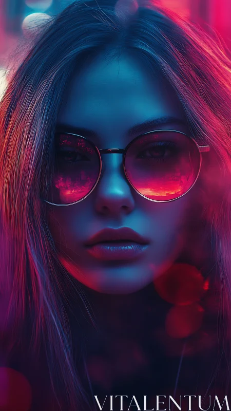 Neon lit portrait of woman in reflective round glasses.