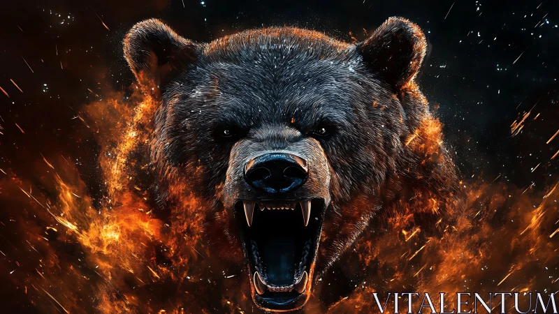 Furious bear head emerging from blazing firestorm backdrop.