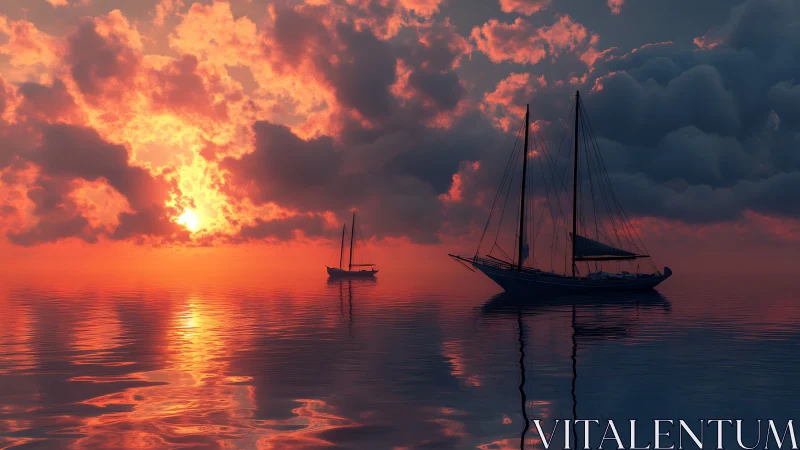 Sailing vessels are silhouetted against a low sun over calm water