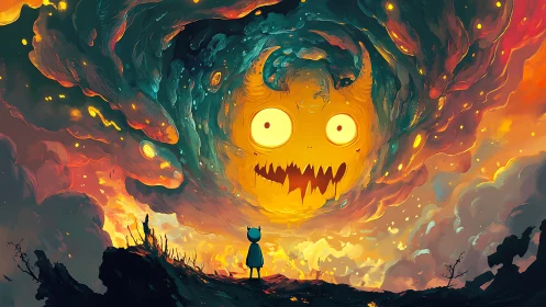 Small horned figure facing giant fiery monster cloud in sky.