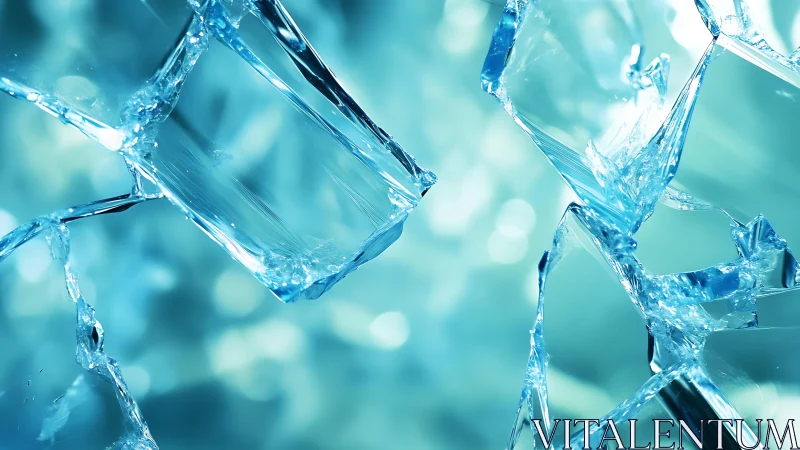 Close-up of Broken Glass Shards with Cool Blue Abstract Lighting.