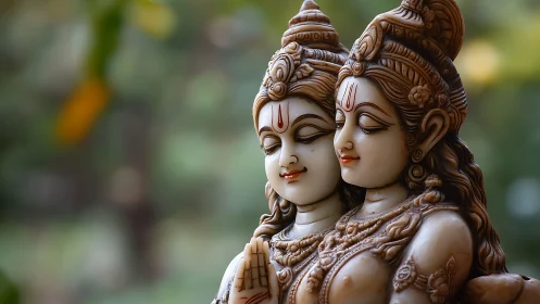 Sacred lovers in carved serenity amid soft forest hush.