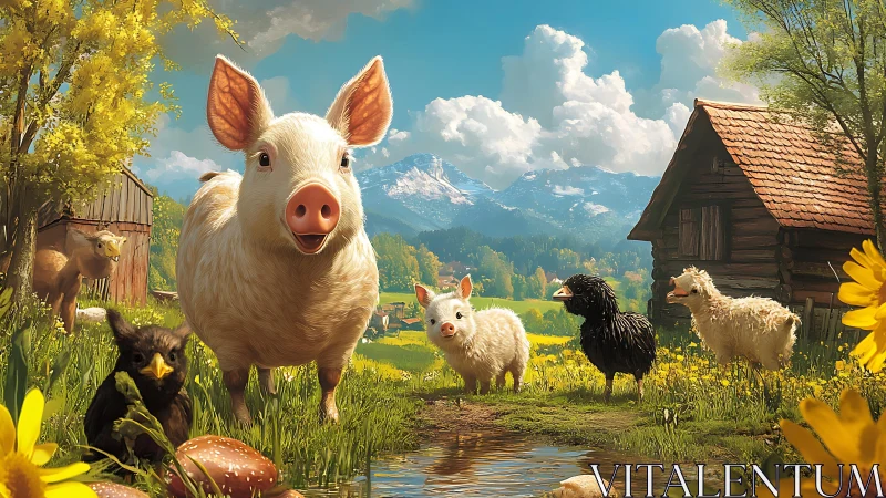 Sunlit piglet ensemble explores idyllic alpine farm meadow