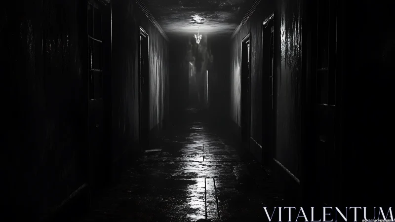 Dark wet corridor with distant light and side doors.