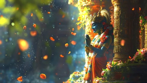 Blue-skinned Hindu deity stands in radiant temple petals