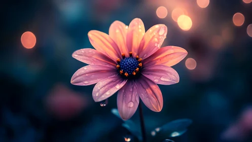 Vibrant Pink Daisy with Water Droplets in Bokeh Lighting