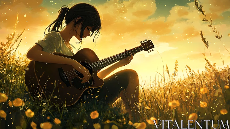 Young guitarist sits in a sunlit field at golden hour