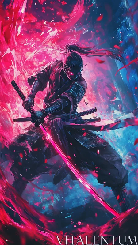 Sword wielding warrior in neon pink and blue abstract field.