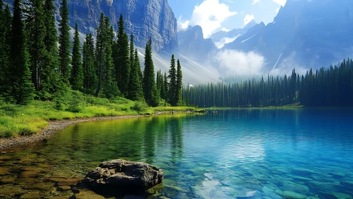 Serene mountain lake wrapped in pine forests and soft mist.