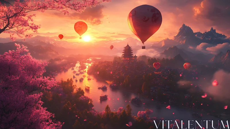 Hot air balloons drift over a cherry blossom valley at sunset