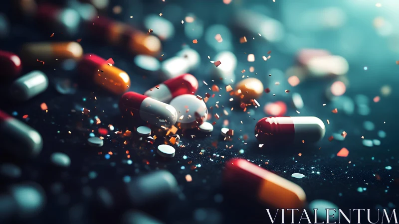 Colorful Capsules and Tablets in Dynamic Abstract Medical Scene.