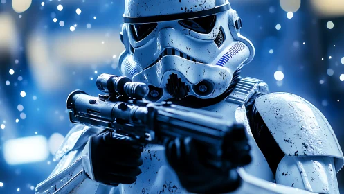 Armored sci‑fi trooper aims blaster in blue combat haze.