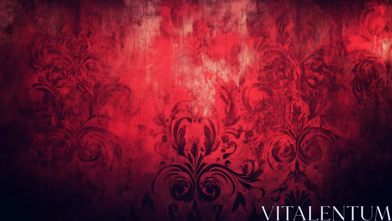 Red grunge wallpaper with dark floral swirl pattern.