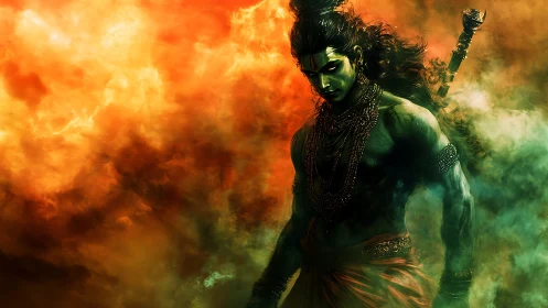 Digital painting of mythic warrior amid fiery chromatic haze.