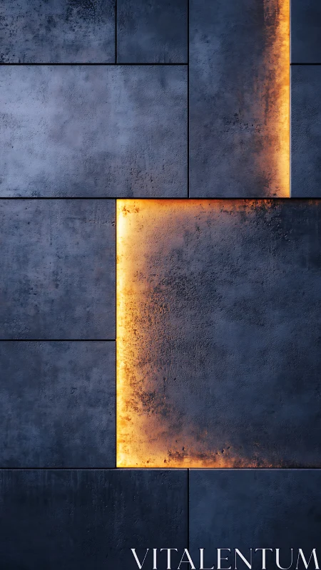 Oxidized steel wall panels intersected by vertical amber backlight