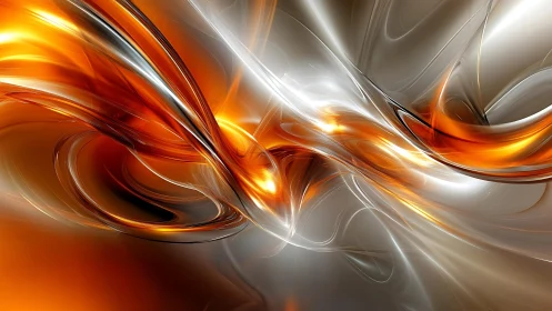 Dynamic Orange and Silver Abstract Swirl Digital Art Design.