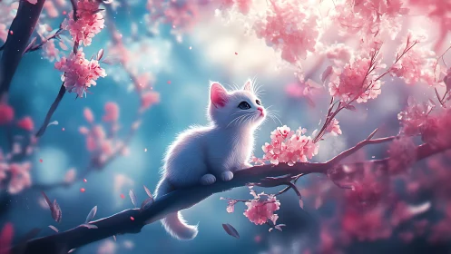 White Kitten Among Cherry Blossoms.