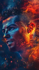 Fiery digital portrait with blue orange dual lighting effects.