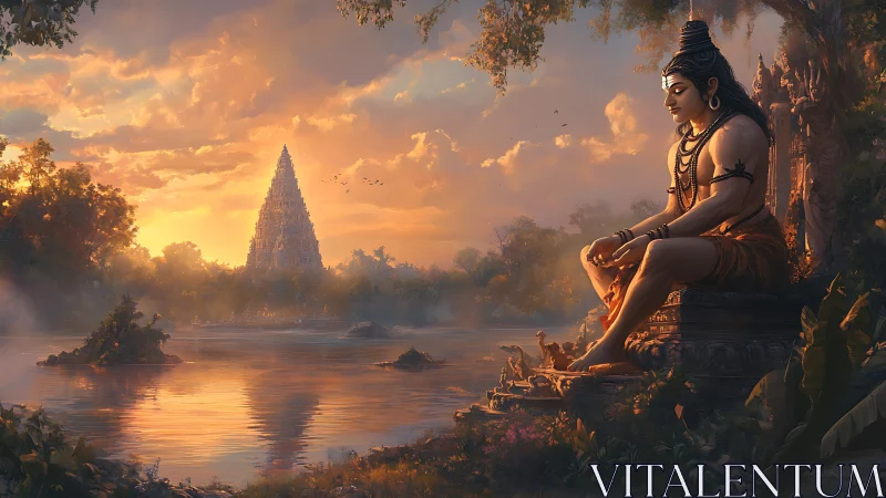 Sunset meditation beside a river temple in golden light.