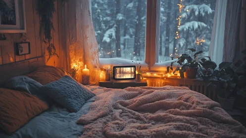 Cozy winter bedroom with candles and soft layered bedding.