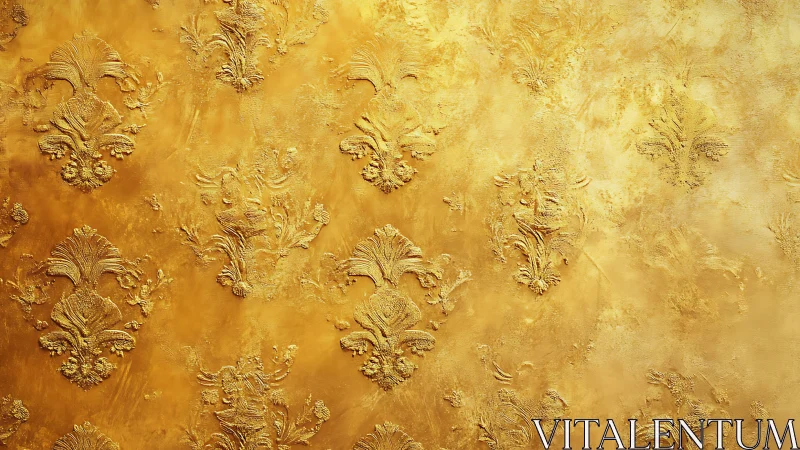 Gold textured wall with ornate damask relief pattern design.