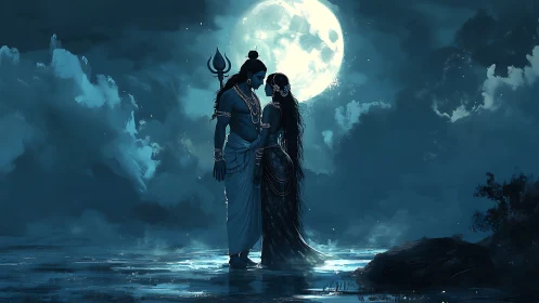 Silhouetted divine couple before full moon over water.