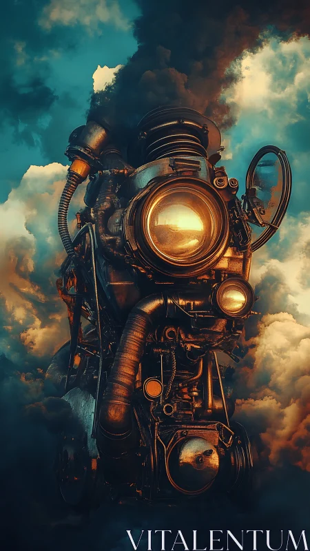 Steampunk mechanical engine structure floats inside dense clouds