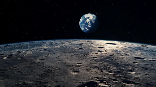 Lunar horizon with Earthrise framed against star-dense void.