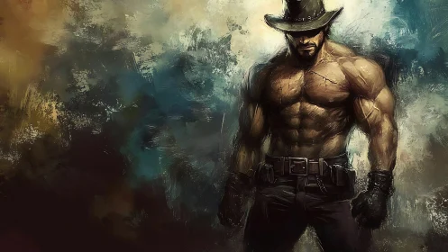 Storm-lit cowboy warrior stands strong in swirling desert light